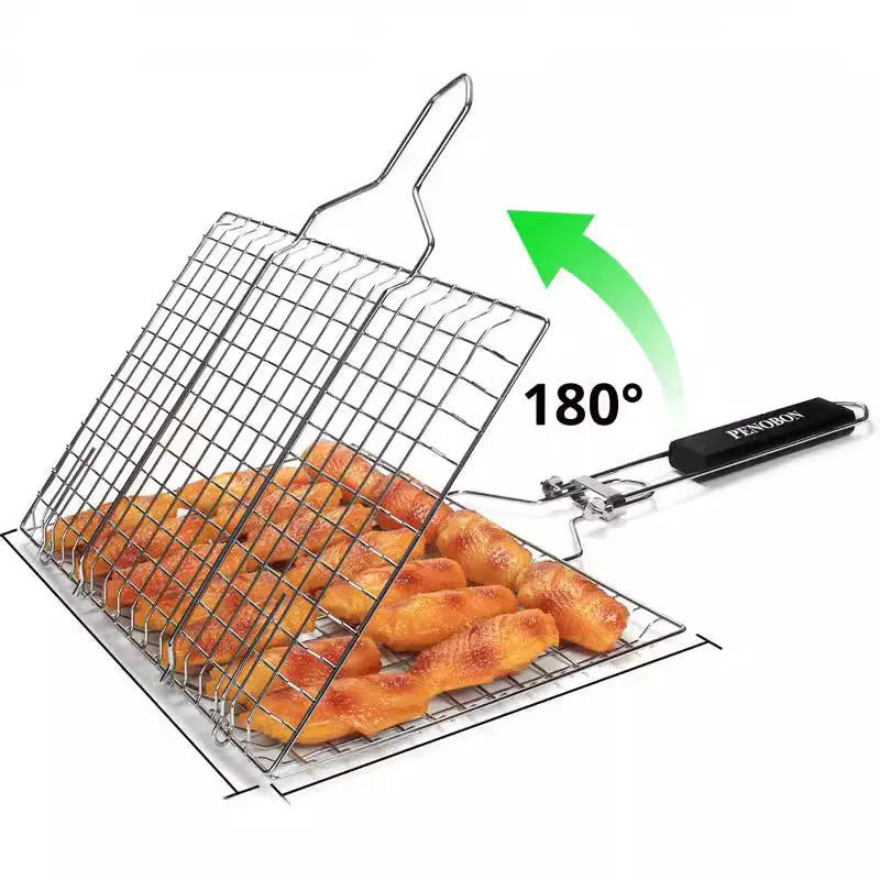 Square stainless steel barbecue mesh basket with folding design and cleaning brush for outdoor cooking