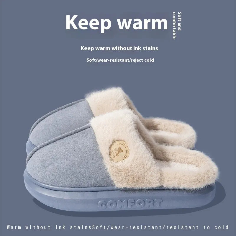 Pair of thick-soled fleece slippers in multiple colour options on a white background.