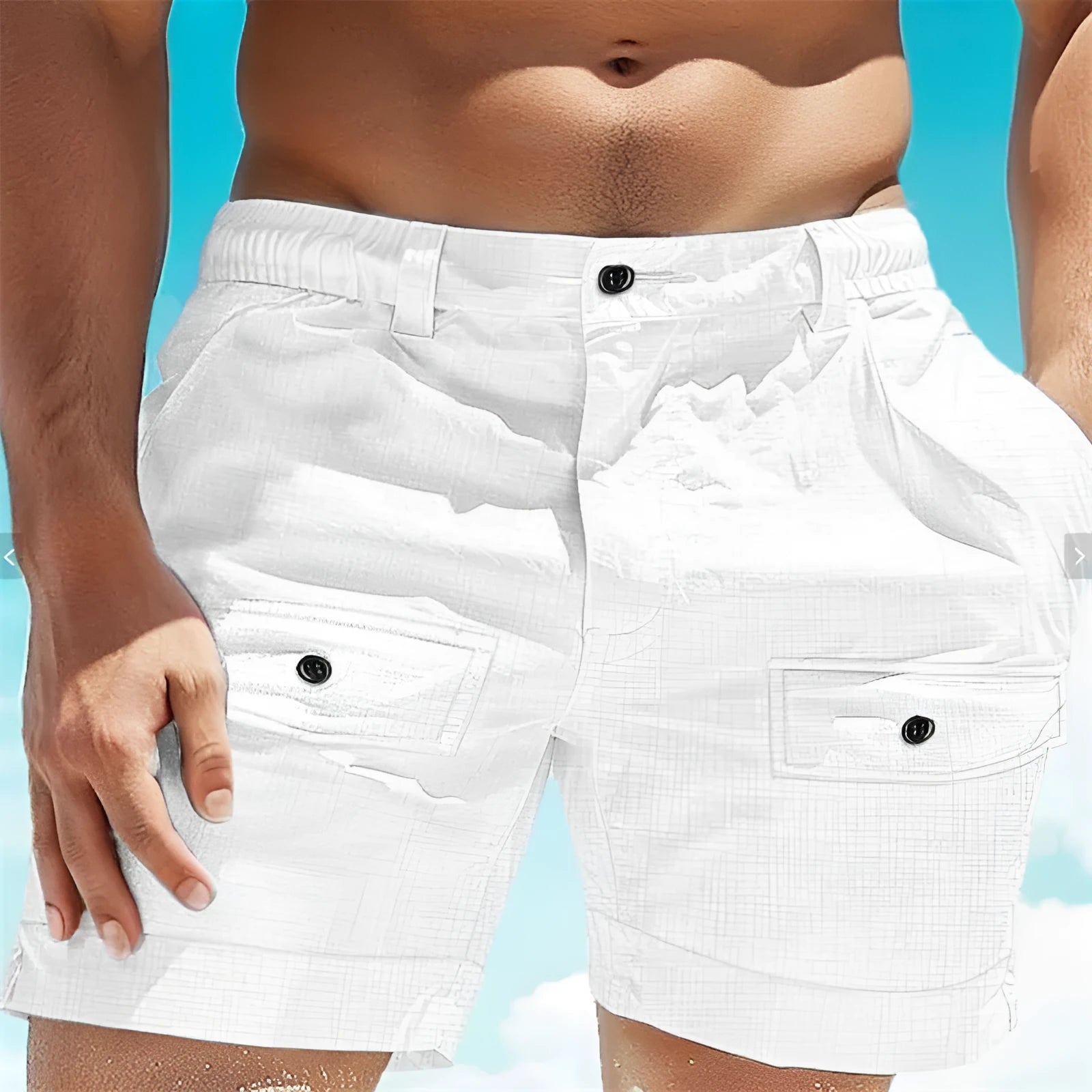 Men's khaki linen shorts with an elastic waistband and button pockets laid flat