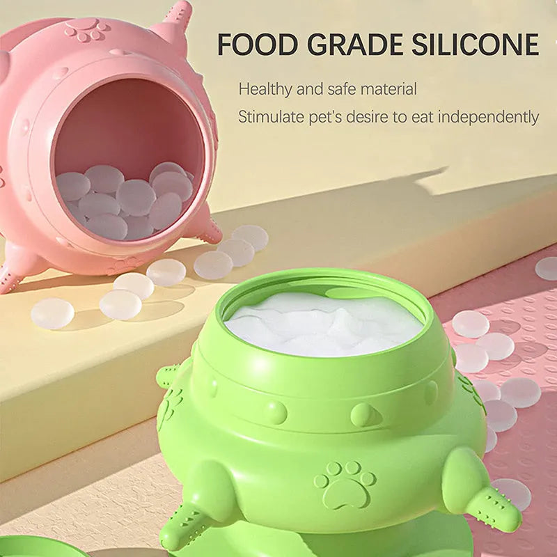 Pink silicone pet nursing device with bionic breast-shaped milk bowl and pacifiers
