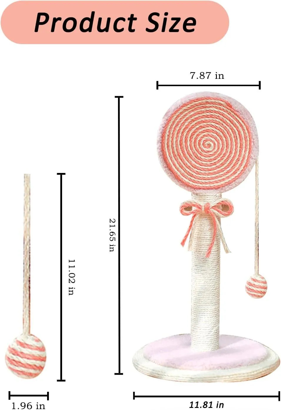 Blue cat scratching post with sisal rope and a hanging yellow ball on a sturdy base.