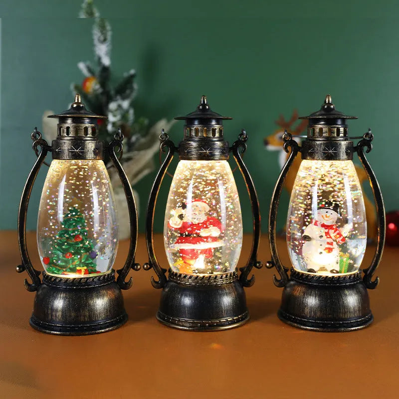 Plastic Christmas oil lamp decoration with LED light showing snowman figurine inside crystal ball dome.
