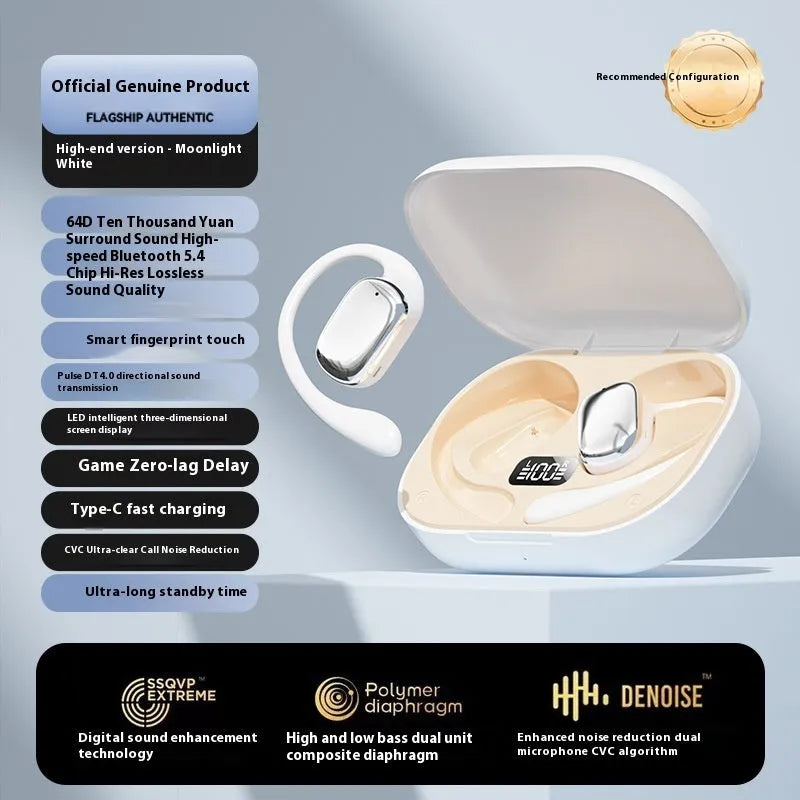 Ear-mounted wireless headphones with a digital display screen on the earpiece.