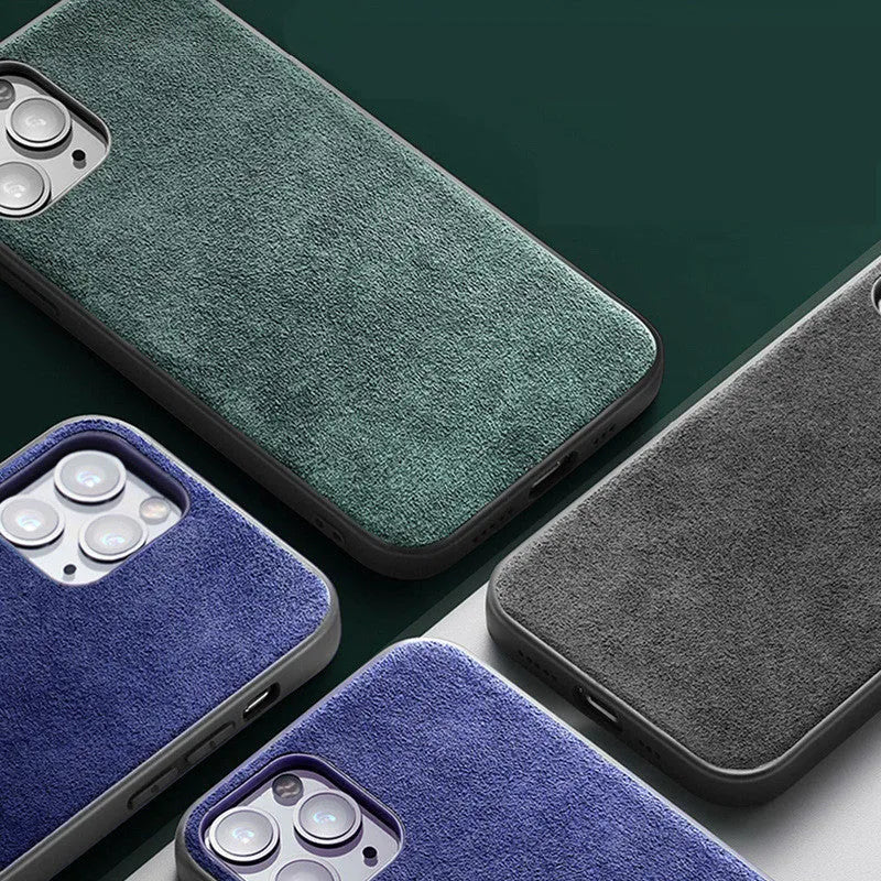Suede full-cover back case for iPhone in elegant black, dark night green, and dark blue colour options.
