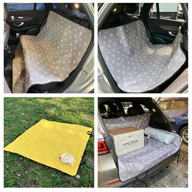 Cloth car pet mat for rear seat protection in multiple colours and dog-themed prints.