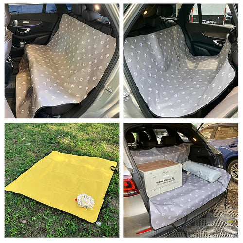 Cloth car pet mat for rear seat protection in multiple colours and dog-themed prints.