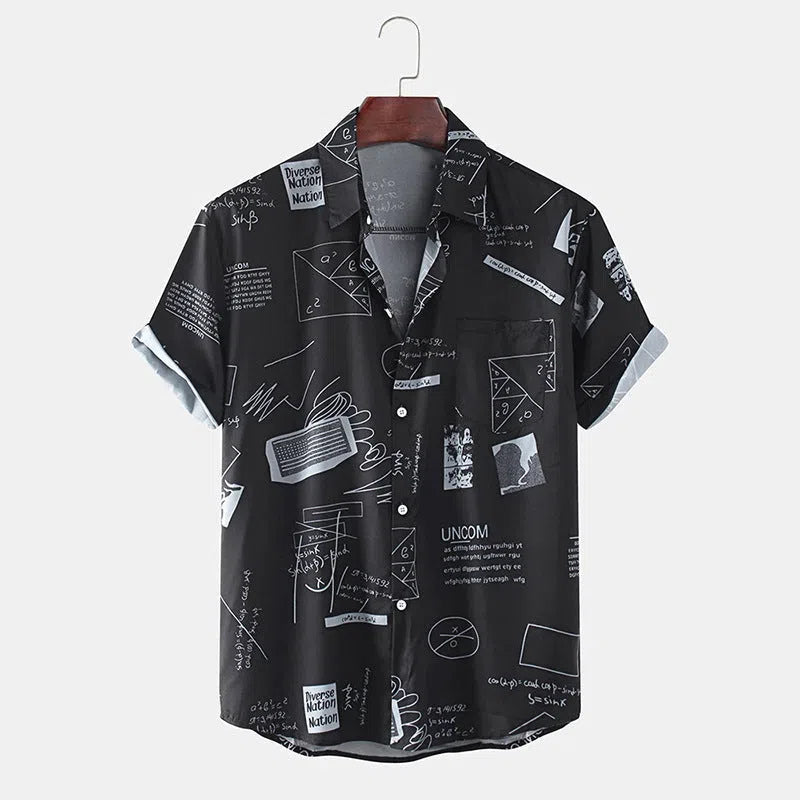Men's cotton short sleeve shirt with abstract floral print and chest pocket in white