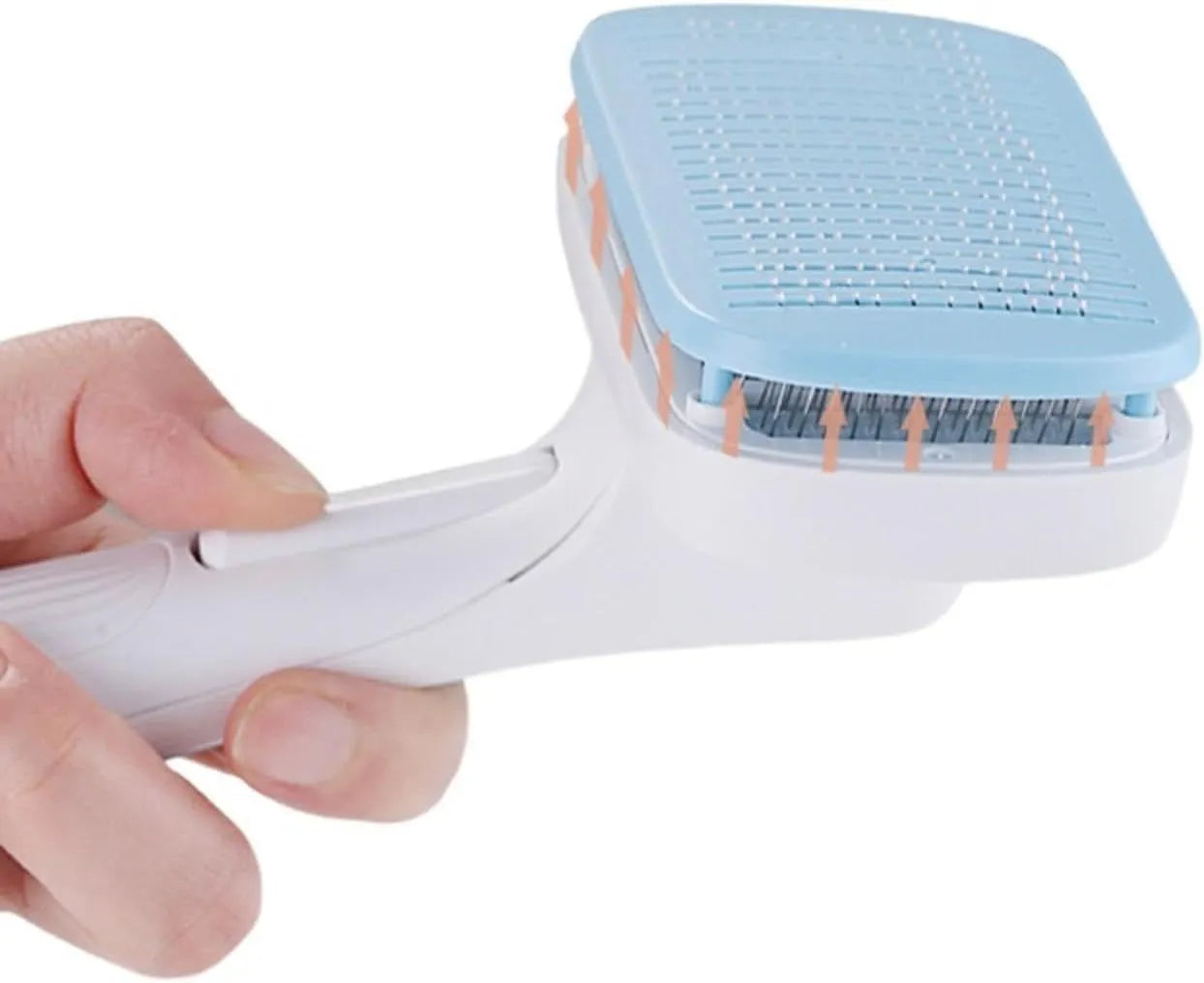 Automatic pet grooming comb for dogs and cats on a blue background.