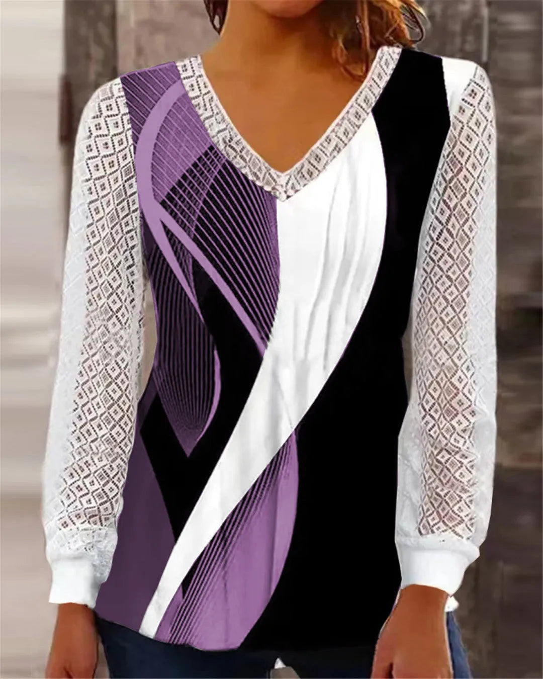 Purple V-neck loose top with hollow-out lace print and long sleeves