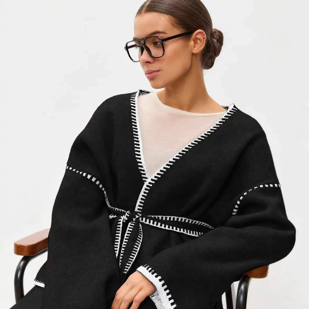 Loose knitted cardigan with lace-up front in imitation cashmere blend fabric