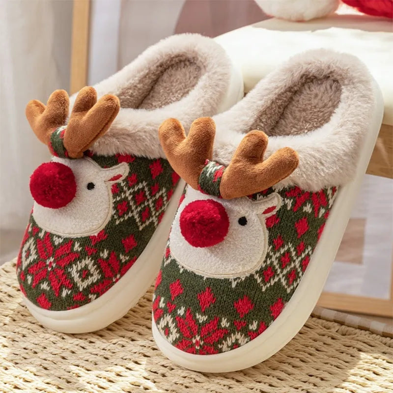 Cute Christmas elk plush slippers in Christmas Red with non-slip sole for women winter home use