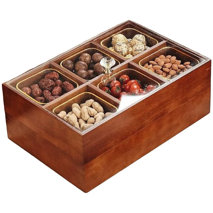 Solid wood acrylic dried fruit box with transparent grids in New Chinese style