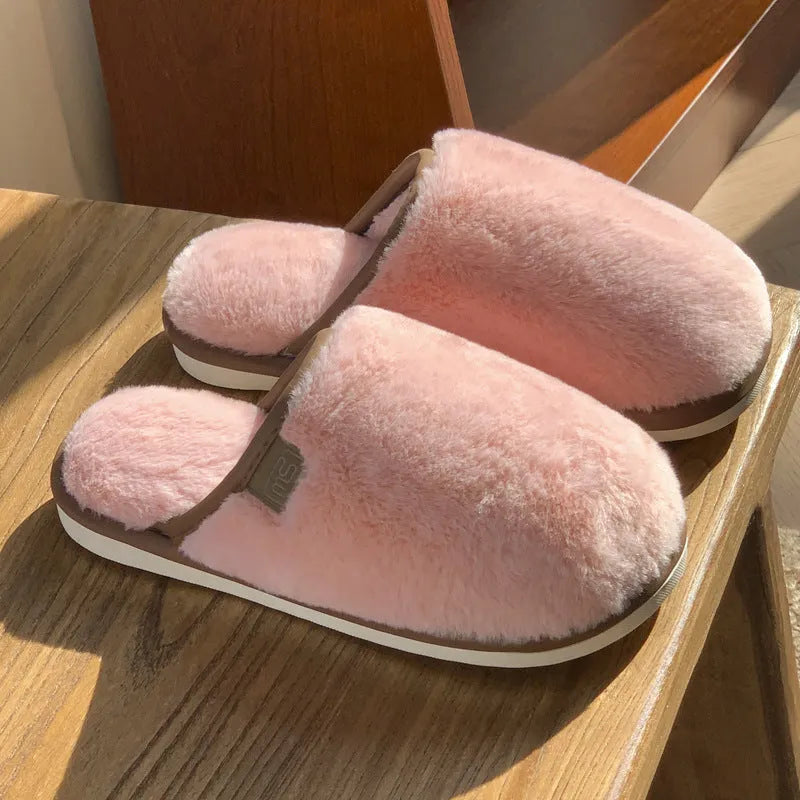 Winter plush slippers with PVC non-slip sole in blue, brown, coffee, pink and white solid colours