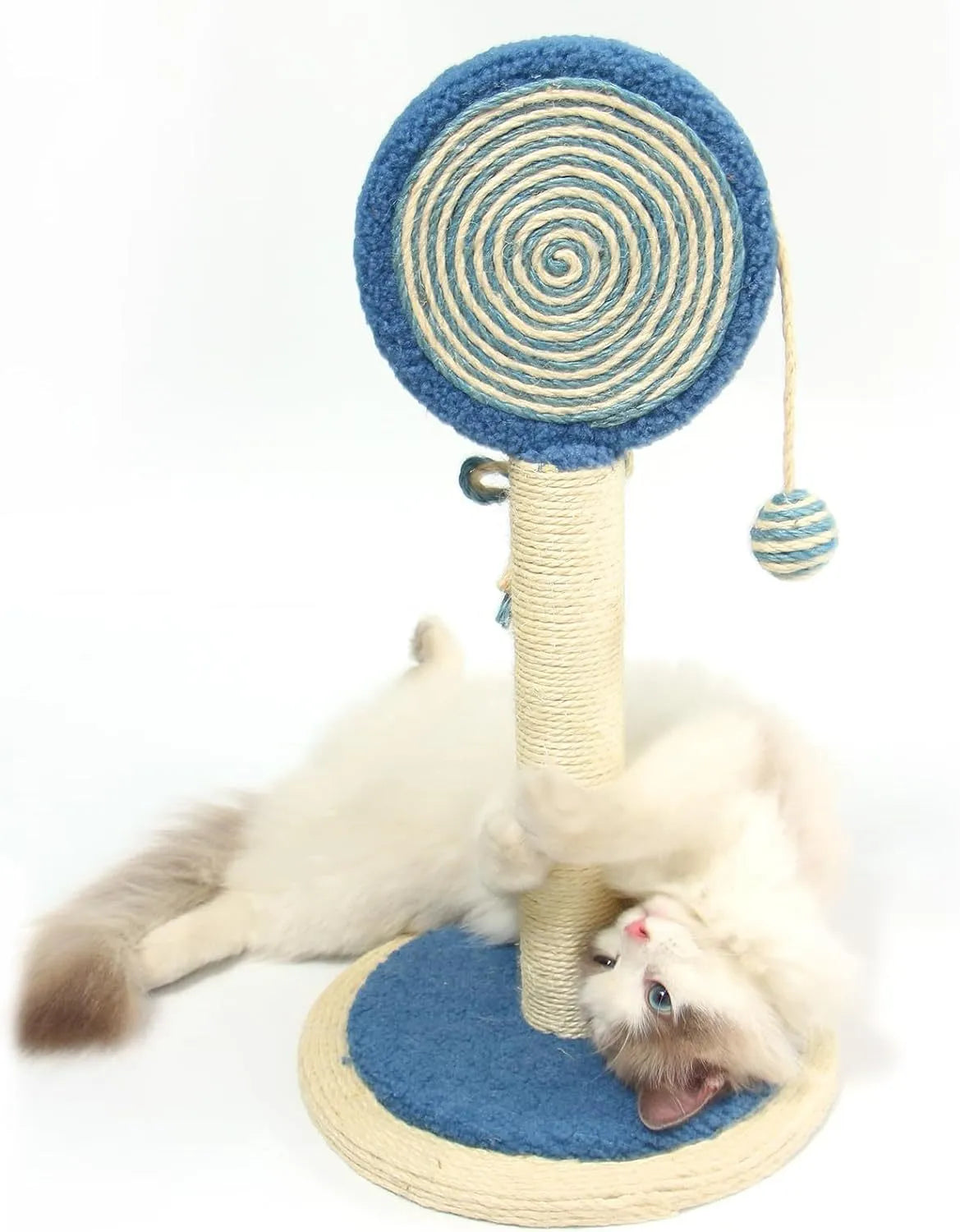 Blue cat scratching post with sisal rope and a hanging yellow ball on a sturdy base.