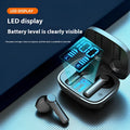 Digital display sports in-ear wireless Bluetooth headset with charging bin, black, pink, and white colour options