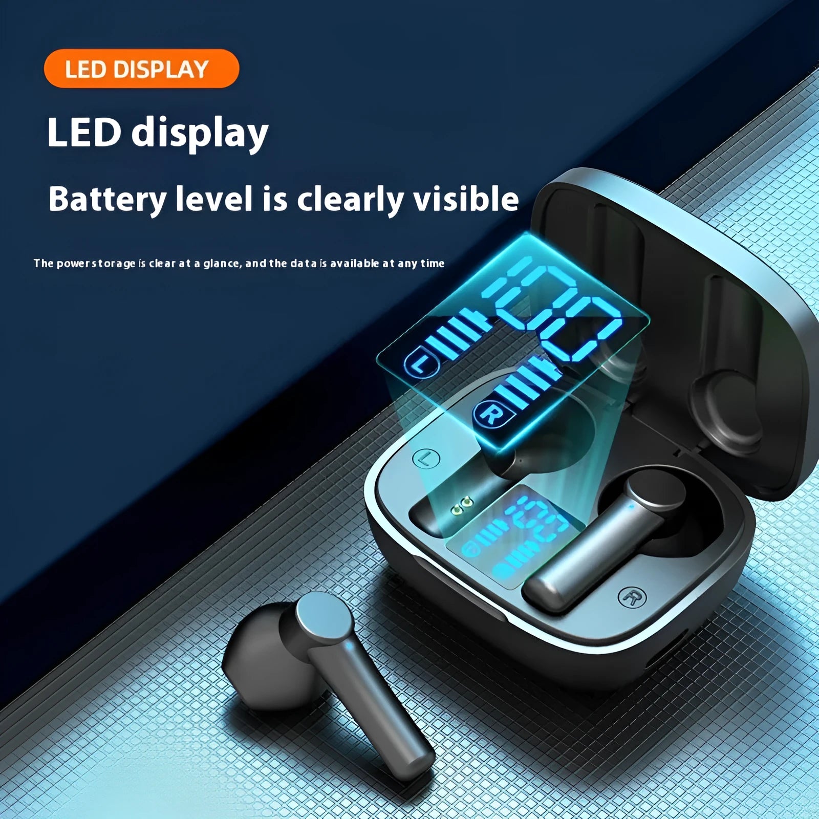 Digital display sports in-ear wireless Bluetooth headset with charging bin, black, pink, and white colour options