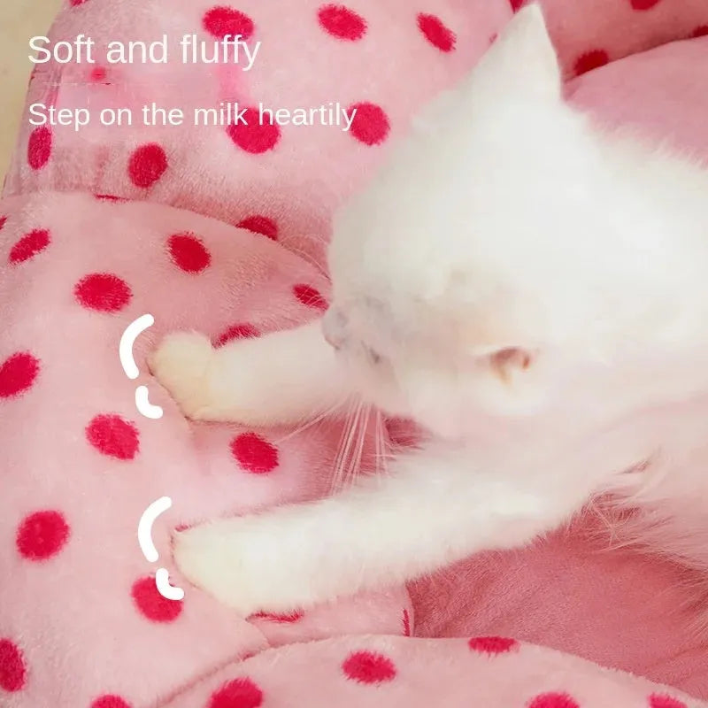 Pink fabric circular cat princess bed shown in two sizes: 45cm and 65cm diameter.