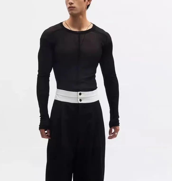 Black mesh see-through slim-fit pullover with long sleeves and a round collar.