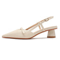Women's chunky heel pointed sandals in beige with stitching detail and rubber sole