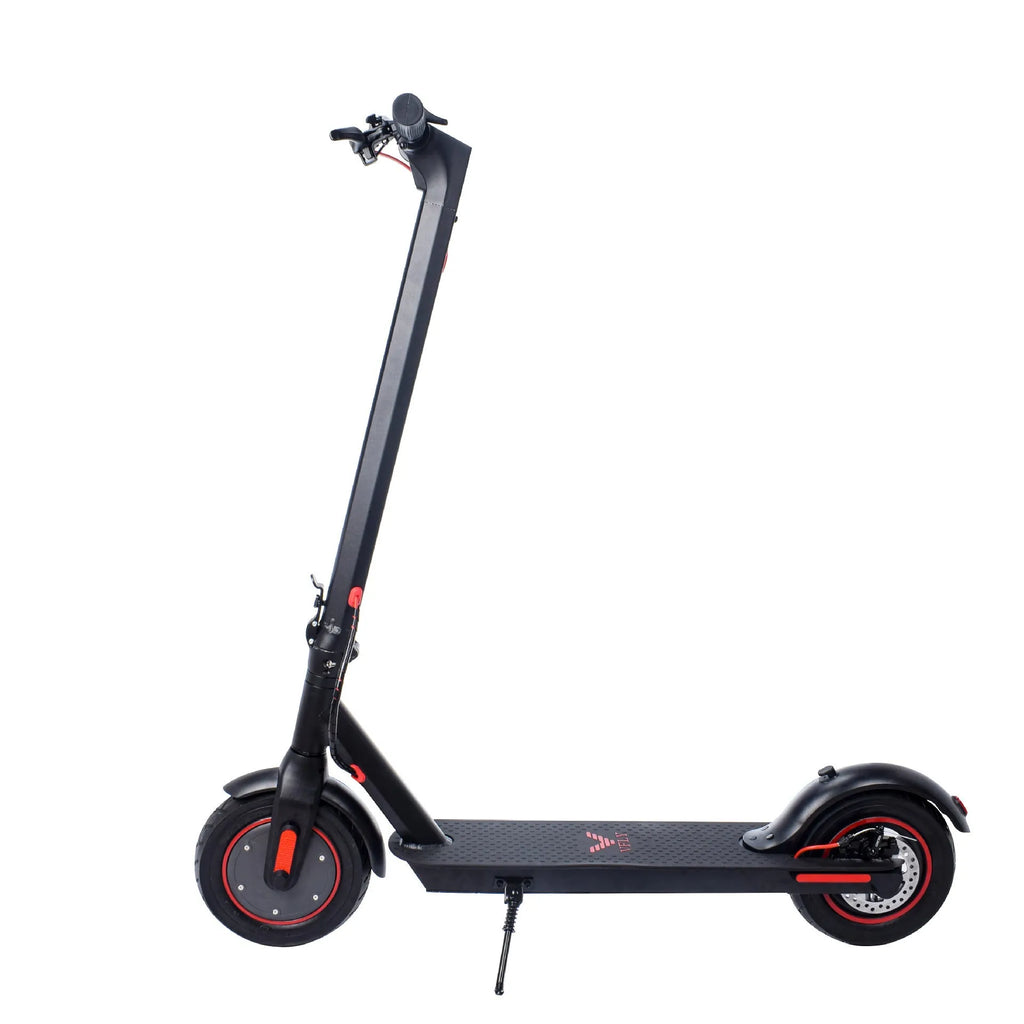 Black aluminum alloy electric folding scooter with 10-inch tyres and dual brakes on a plain background