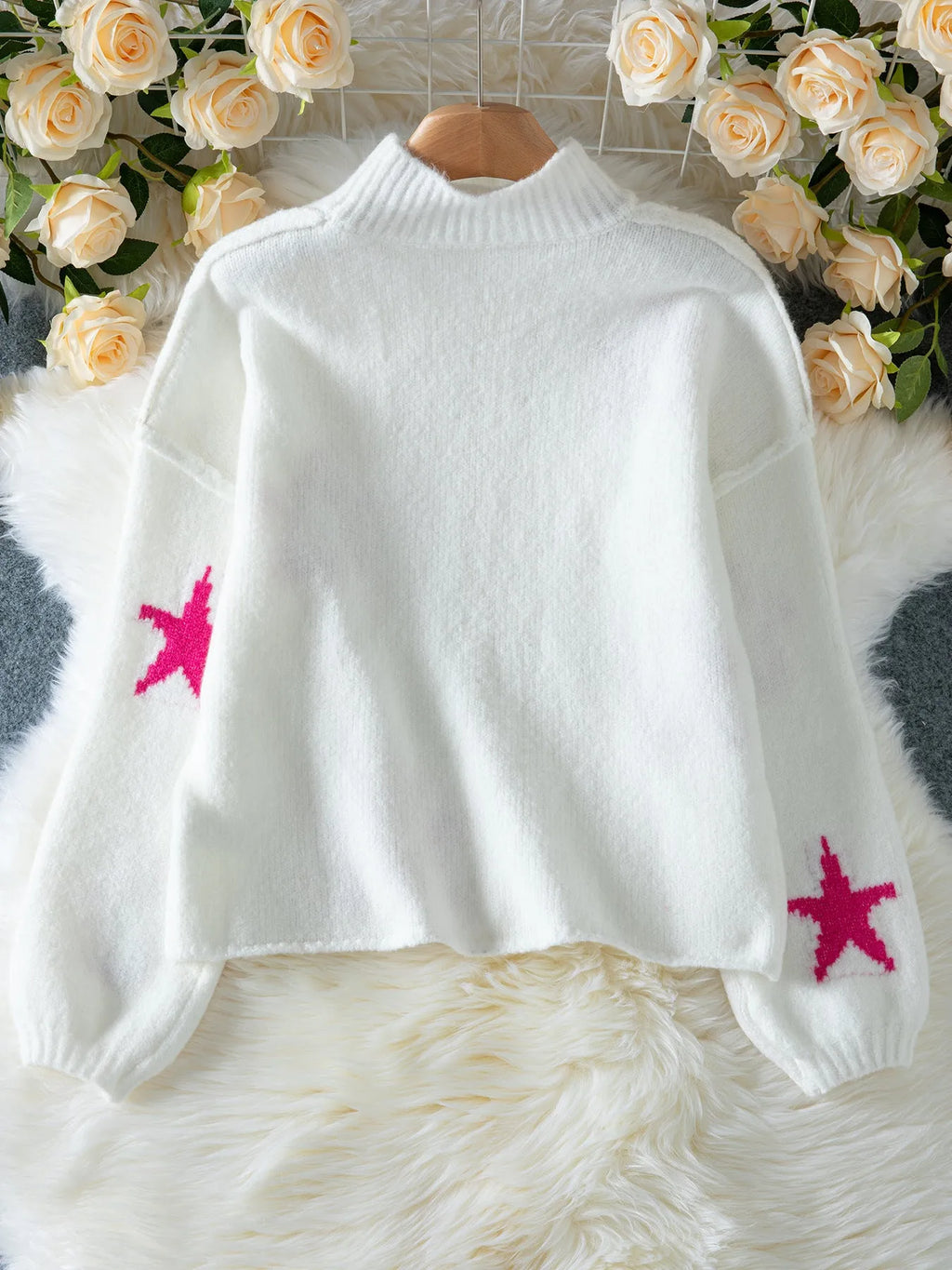 White women's turtleneck pullover with star pattern in thick imitation velvet fabric