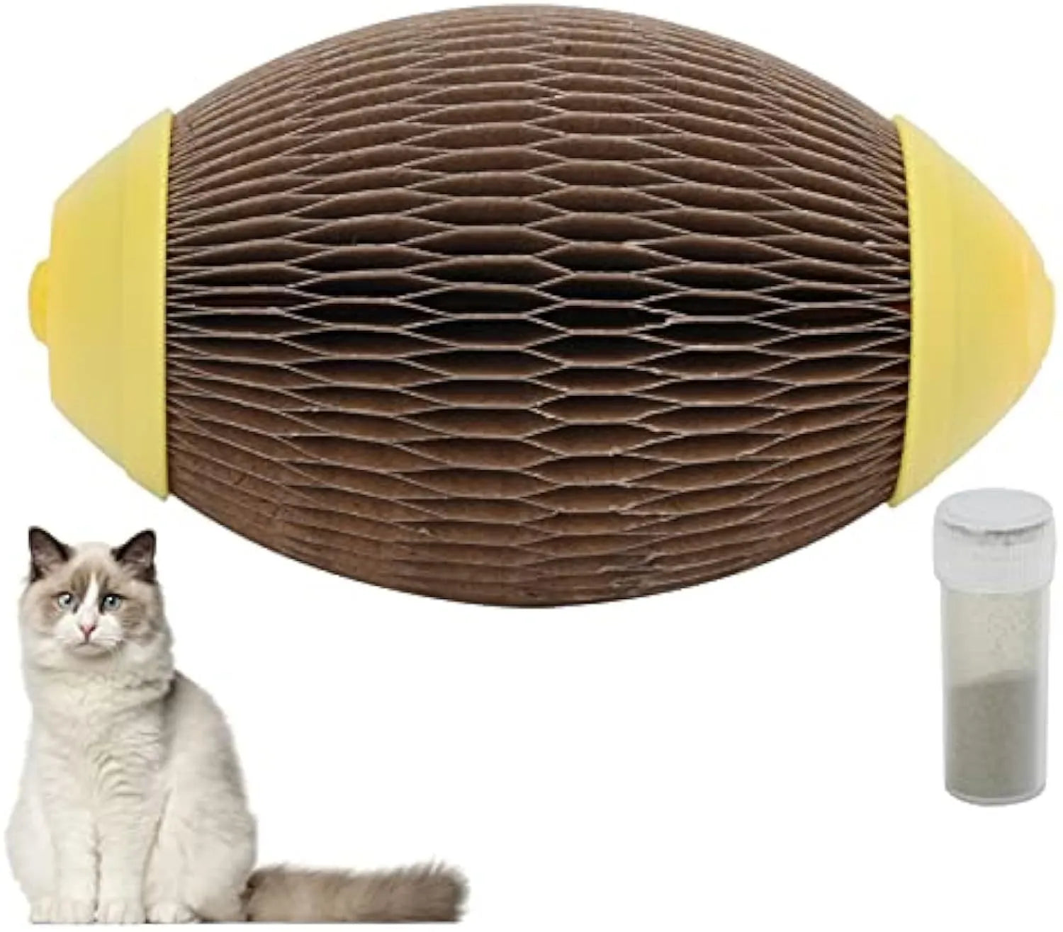 Ellipse-shaped corrugated paper catnip ball and scratch toy for cats on a plain background.