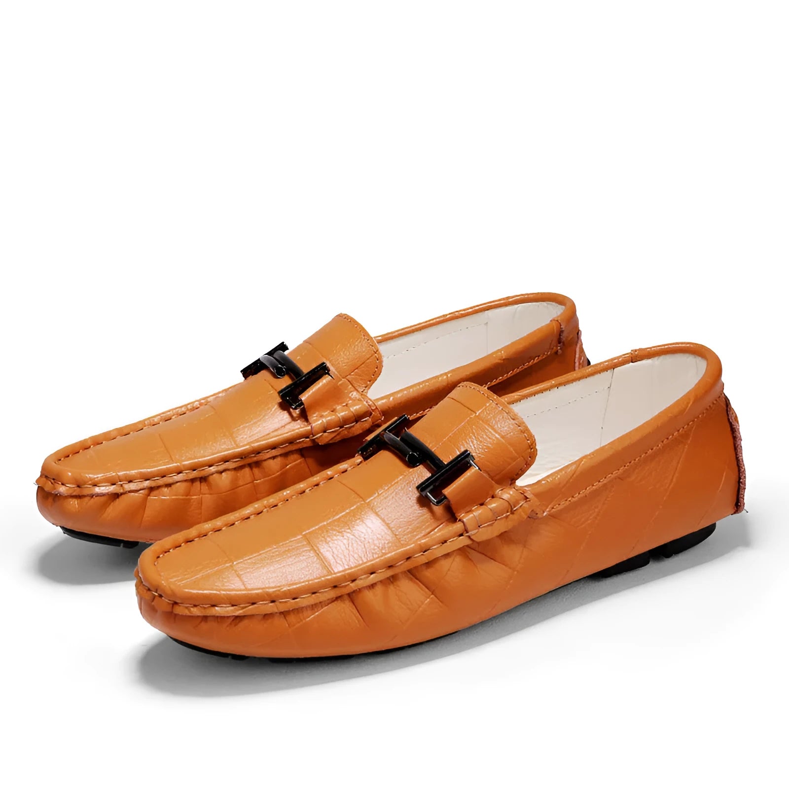 Men's leather casual shoes with buckle detail in four colour options showing flat heel and rubber sole