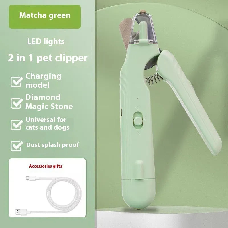 2-in-1 pet nail clipper with LED light and grinder for safe dog and cat nail trimming, white and green