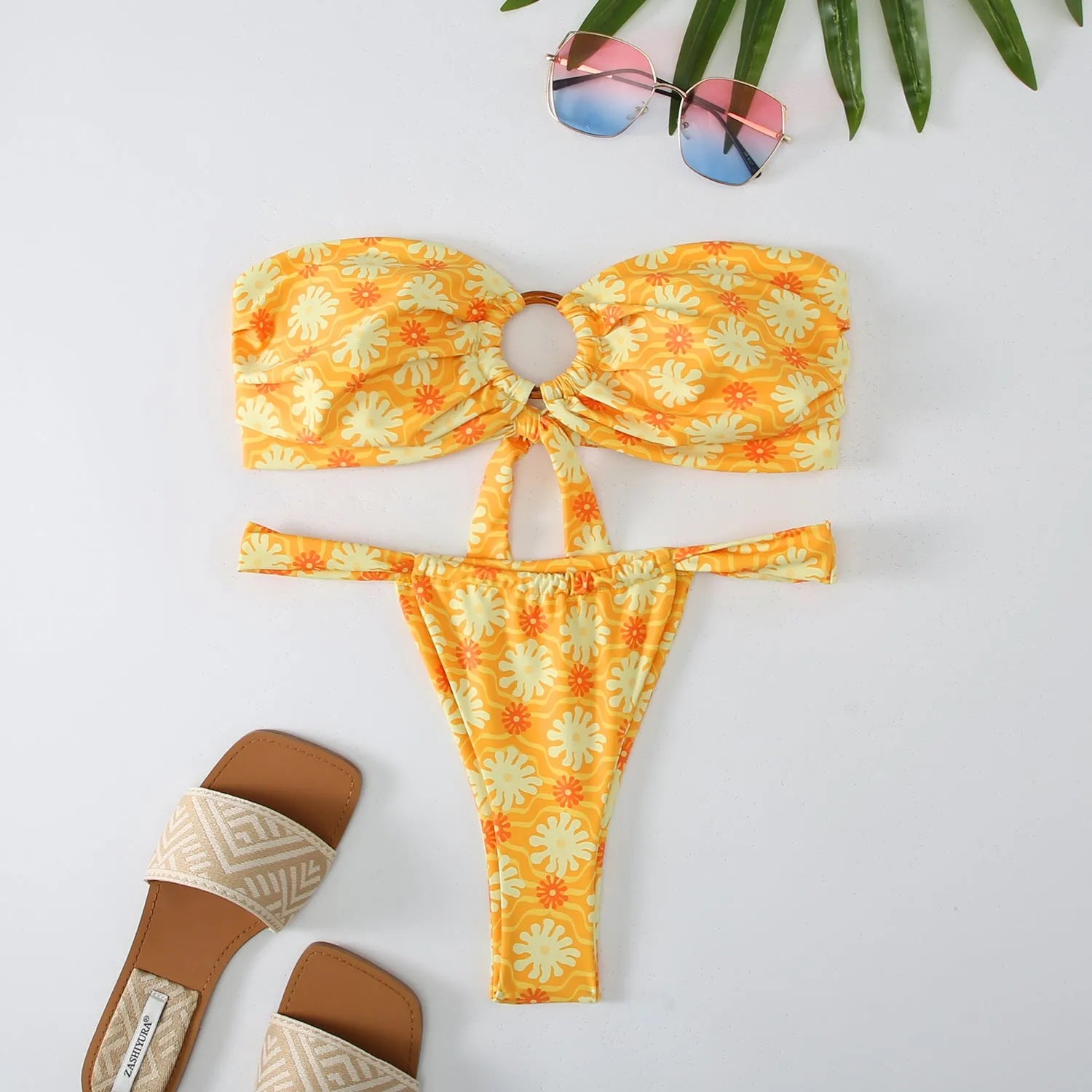 Women's floral printed bikini swimsuit with tube top and backless brief design