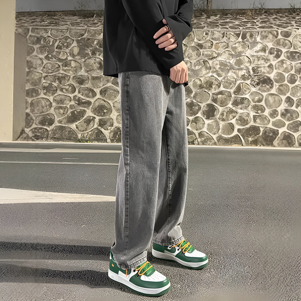 Men's smoke gray loose wide-leg straight jeans with drawstring waist, front view
