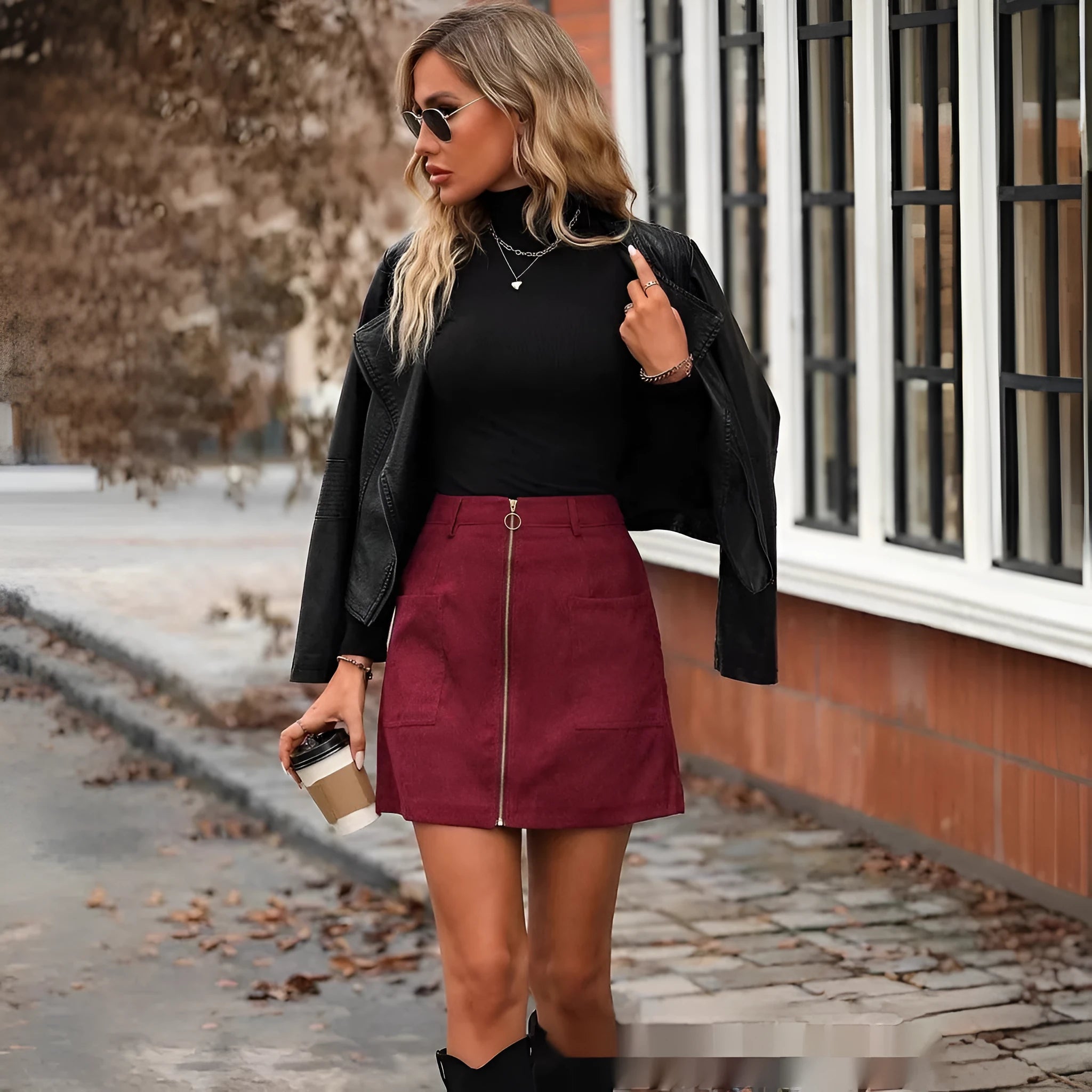 Women's high waist short skirt in black with front zipper and stitching detail