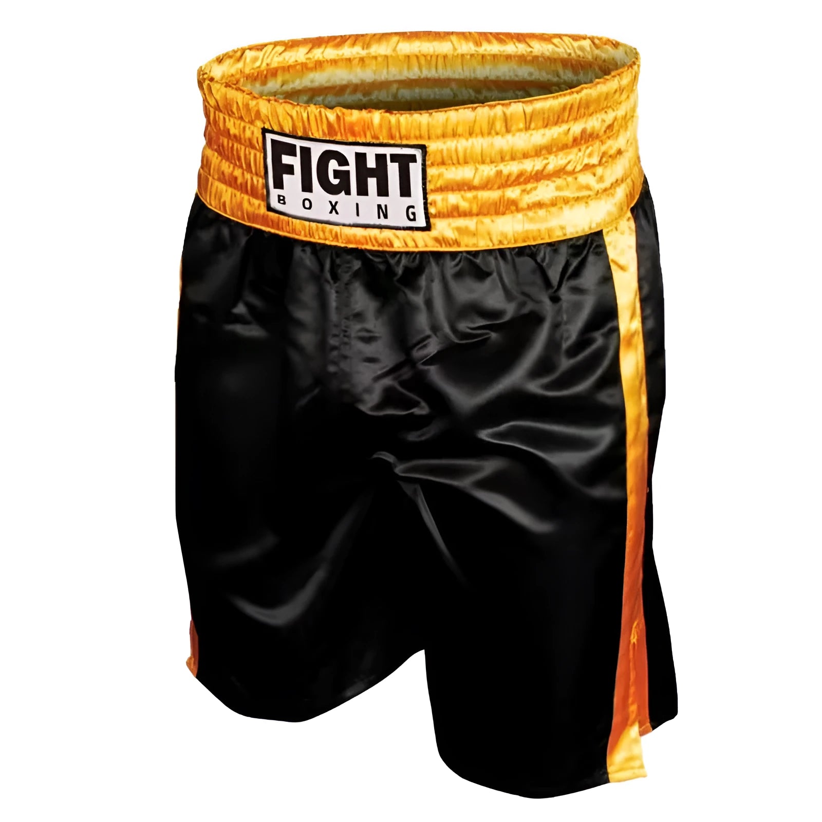 Black and white striped waist kickboxing shorts with side splits on a mannequin.