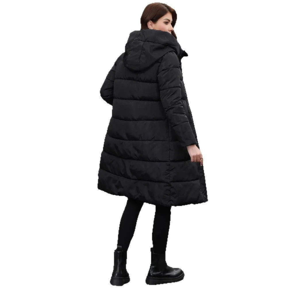 Black slim-fit hooded long cotton jacket for men on a hanger.