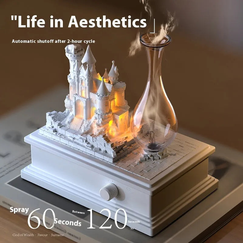 White medieval castle cold fragrance aromatherapy machine with ambient lighting and Type C charging cable