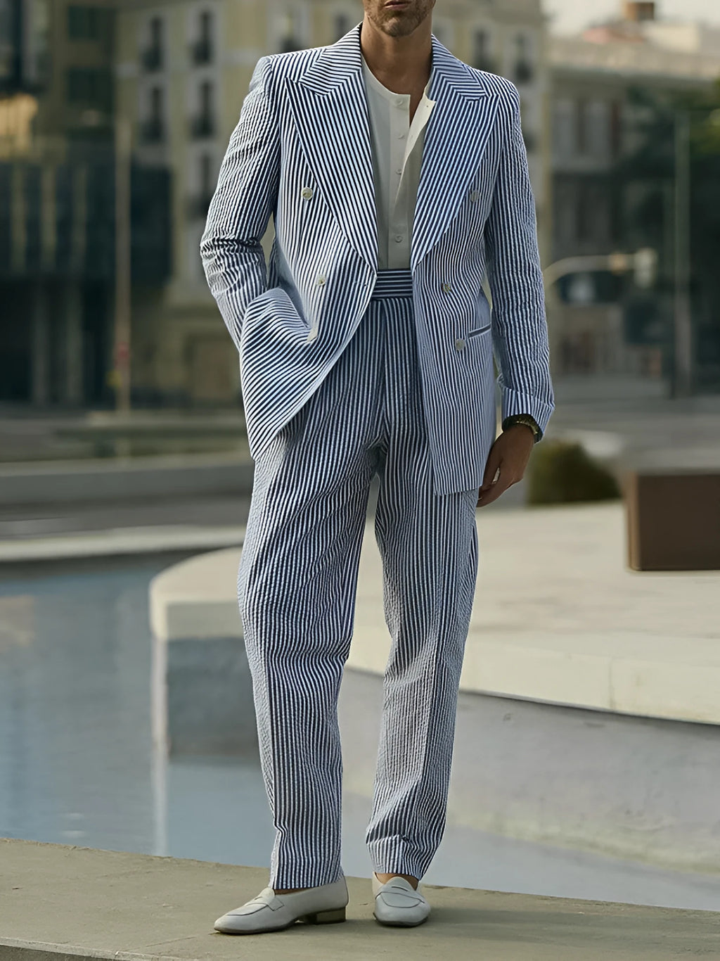 Blue and white striped two-piece polyester suit set with regular fit blazer and trousers