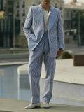 Blue and white striped two-piece polyester suit set with regular fit blazer and trousers