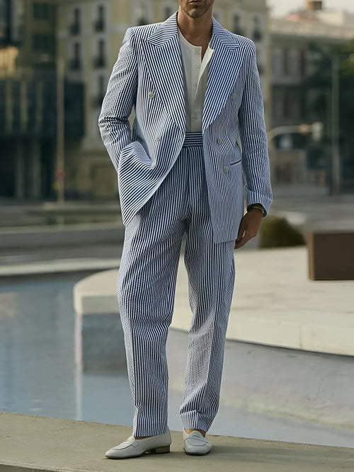 Blue and white striped two-piece polyester suit set with regular fit blazer and trousers
