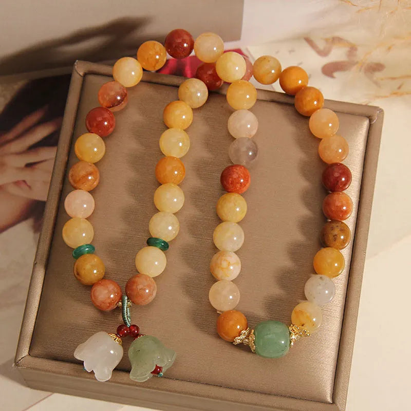 Natural jade multi-strand bracelet with orchid pendant charm for women