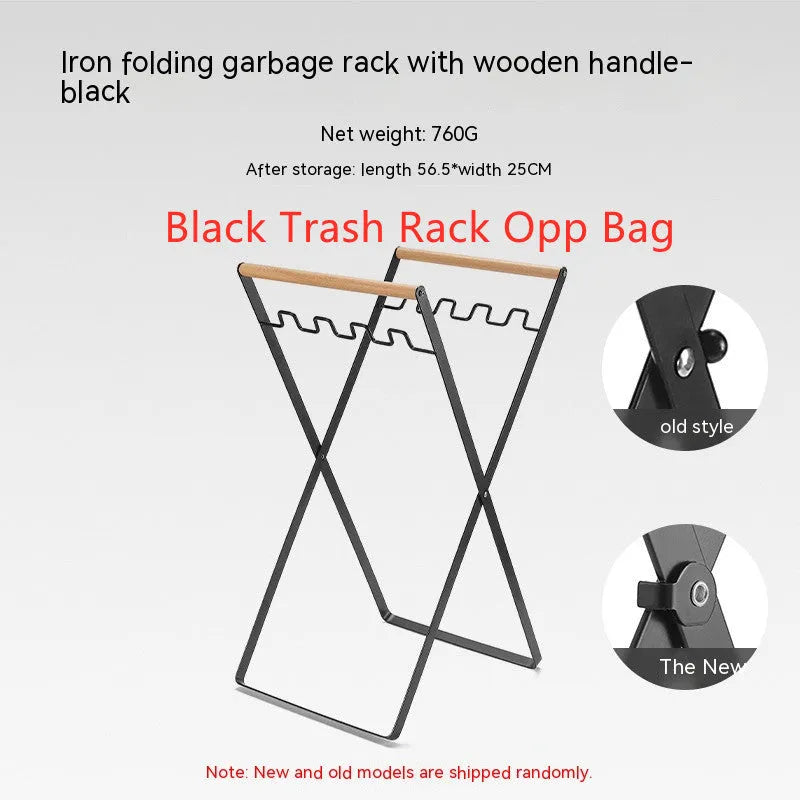 Wooden handle wrought iron folding outdoor trash storage hanger in black or white finish