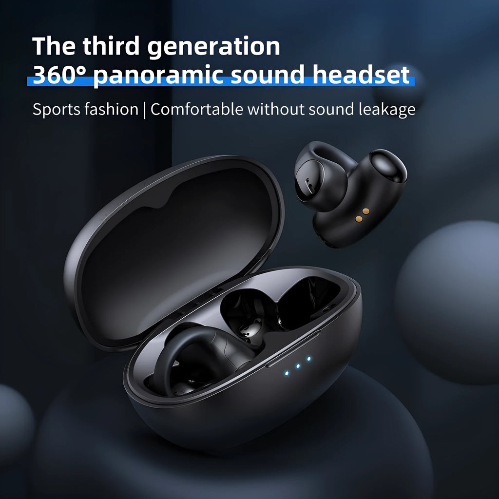 Black Bluetooth sports headset with clip-on ear hook design for gaming and active use