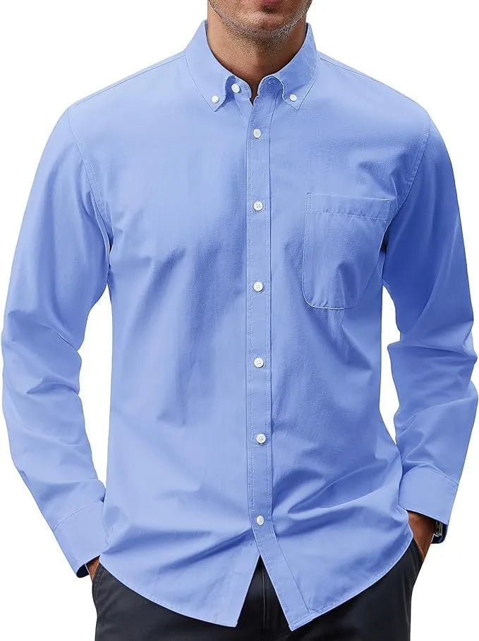 Solid colour Oxford long sleeve button shirt in cotton blend, available in multiple colours and sizes