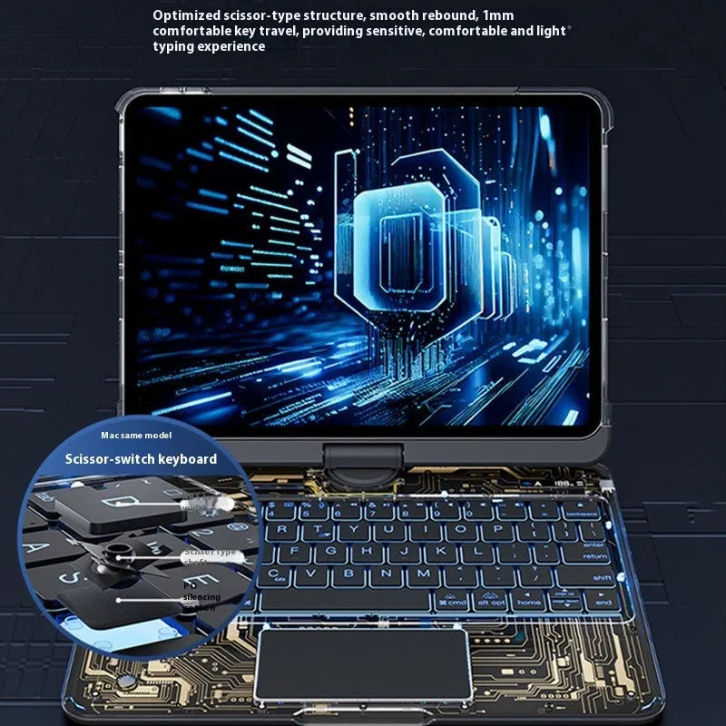 360 swivel keyboard clear case for iPad with transparent backplate and telescopic pen slot