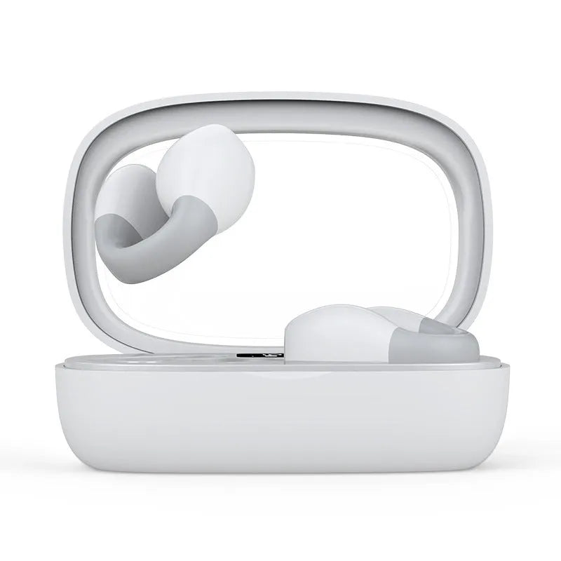 Holographic Acoustic clip-on Bluetooth headset in white with digital display screen and clip attachment