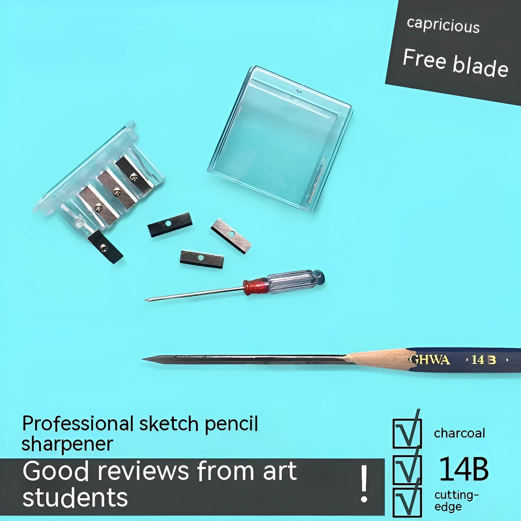 Geometric four-hole pencil sharpener with replaceable blades and screwdriver for creative art use