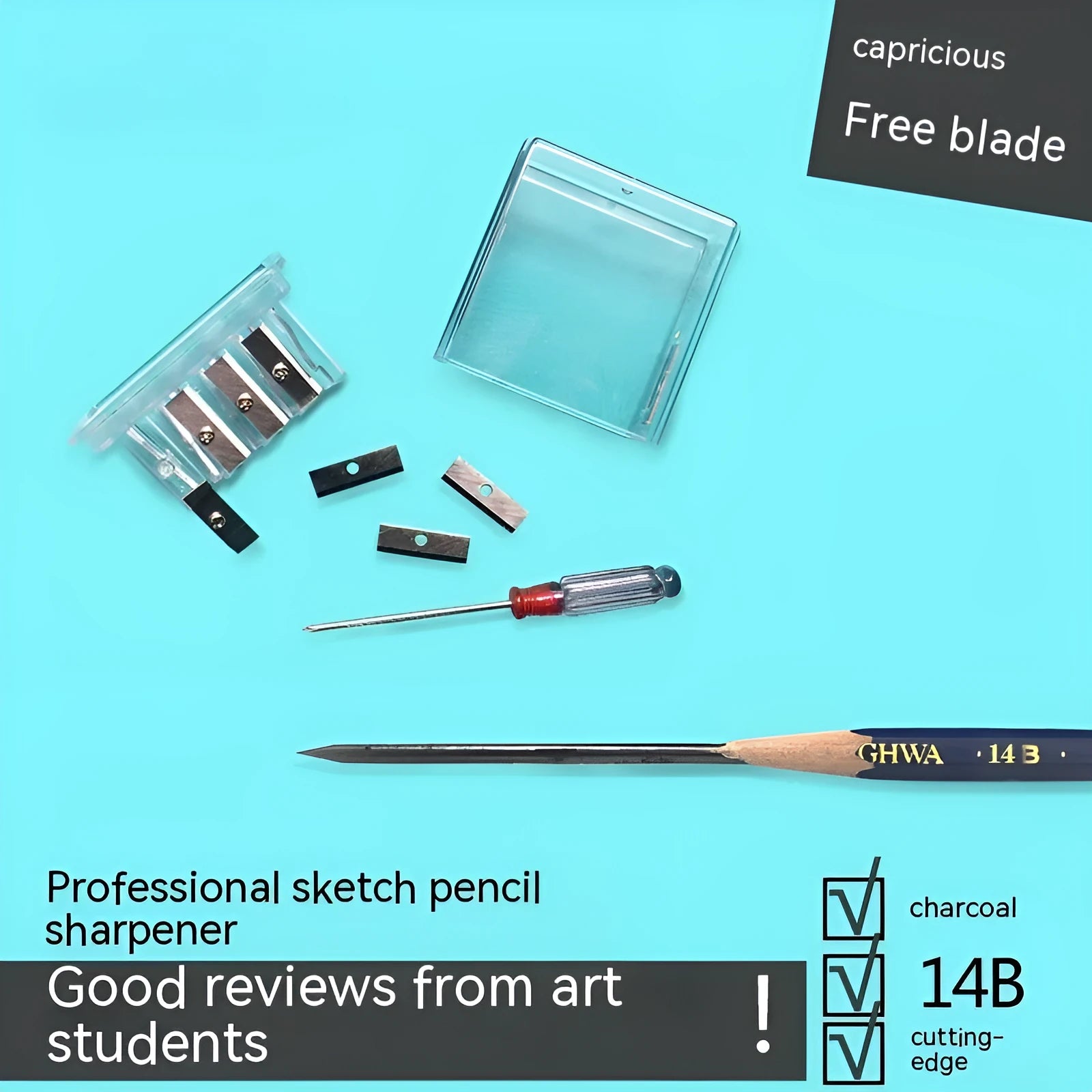 Geometric four-hole pencil sharpener with replaceable blades and screwdriver for creative art use