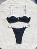 Black low waist women's bikini swimsuit with stitching split detail on briefs