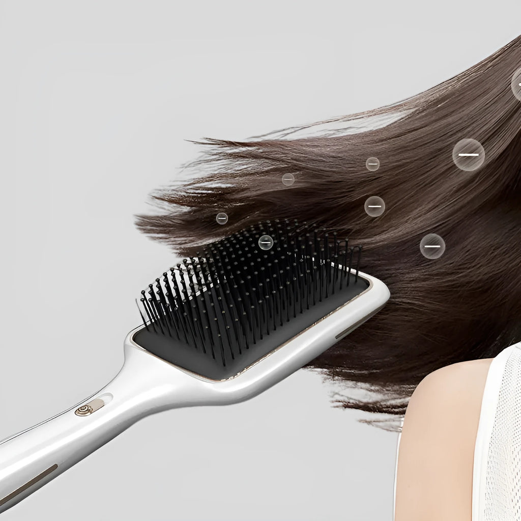 Black wireless charging straight hair comb with negative ions and tourmalene ceramic heat conductor