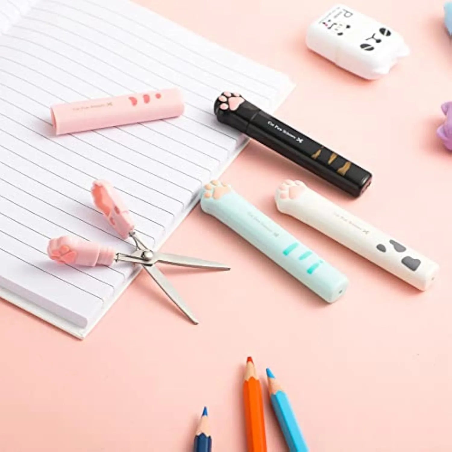 Cat paw design mini folding scissors in pink, white, black, or blue colour options