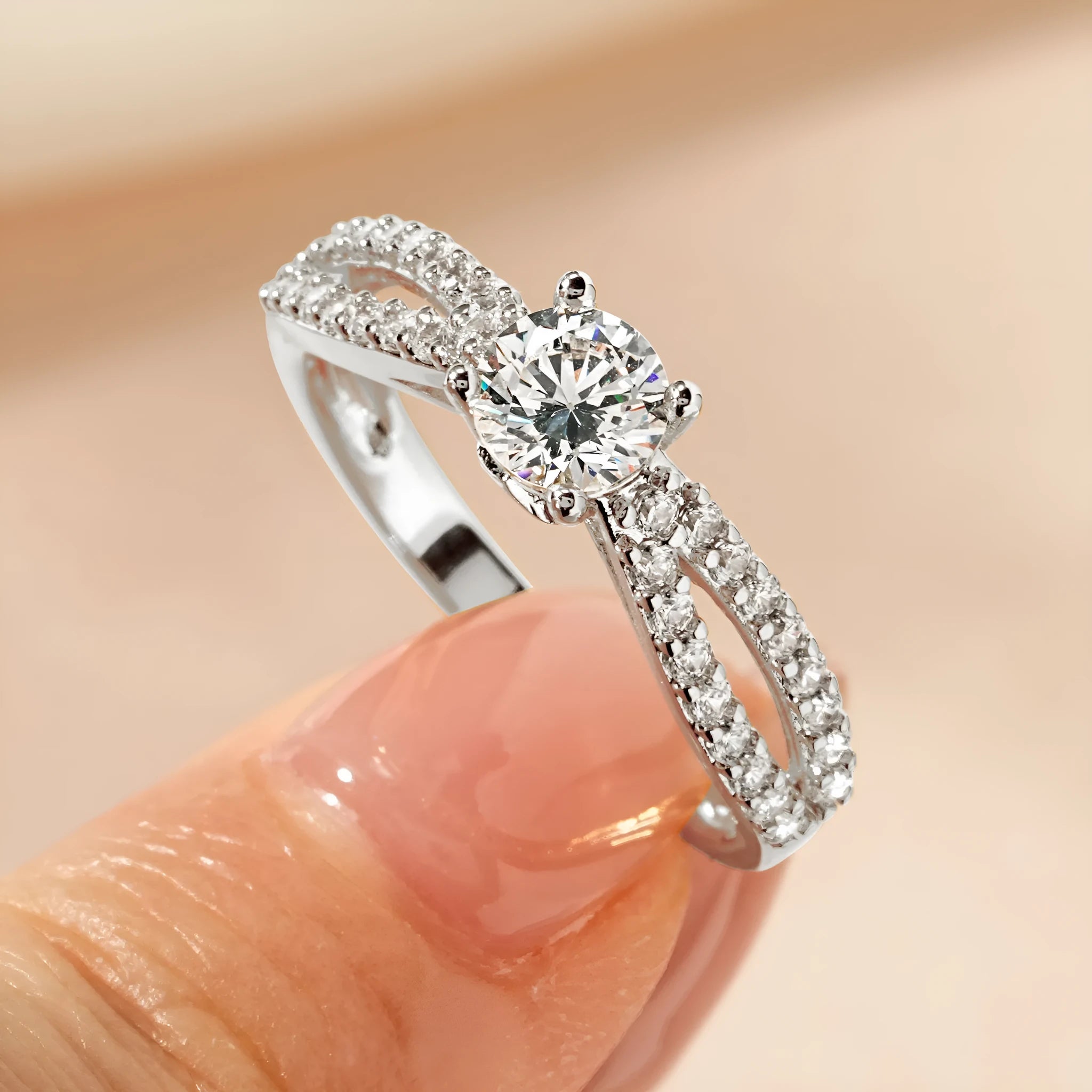 Women's luxury zircon ring with copper electroplating in heart, split arm, and star diamond designs