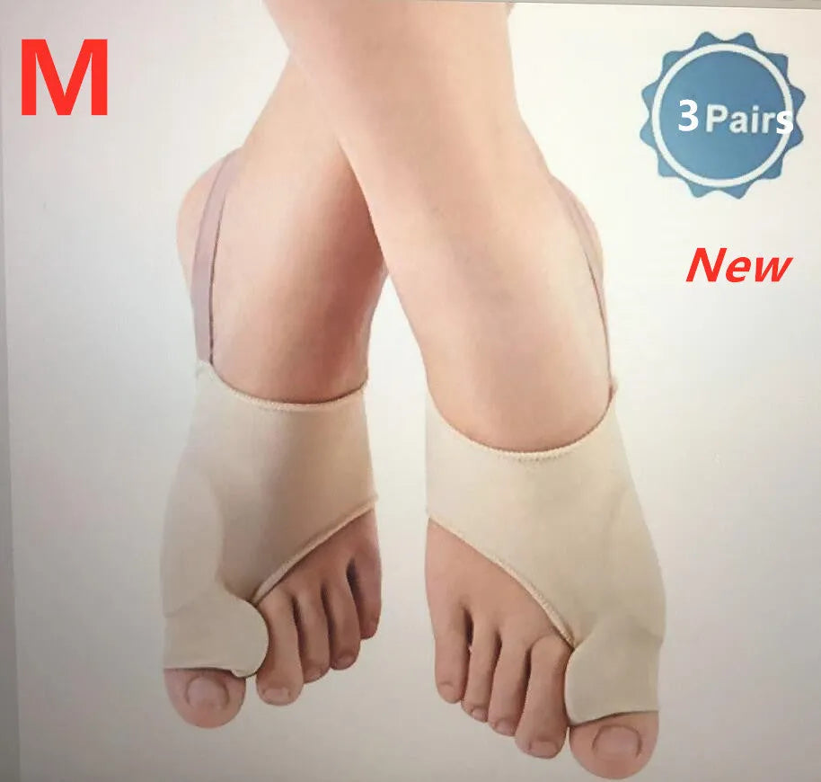 Pair of stretchable corrective socks with a visible gel bunion pad and silicone toe separator.
